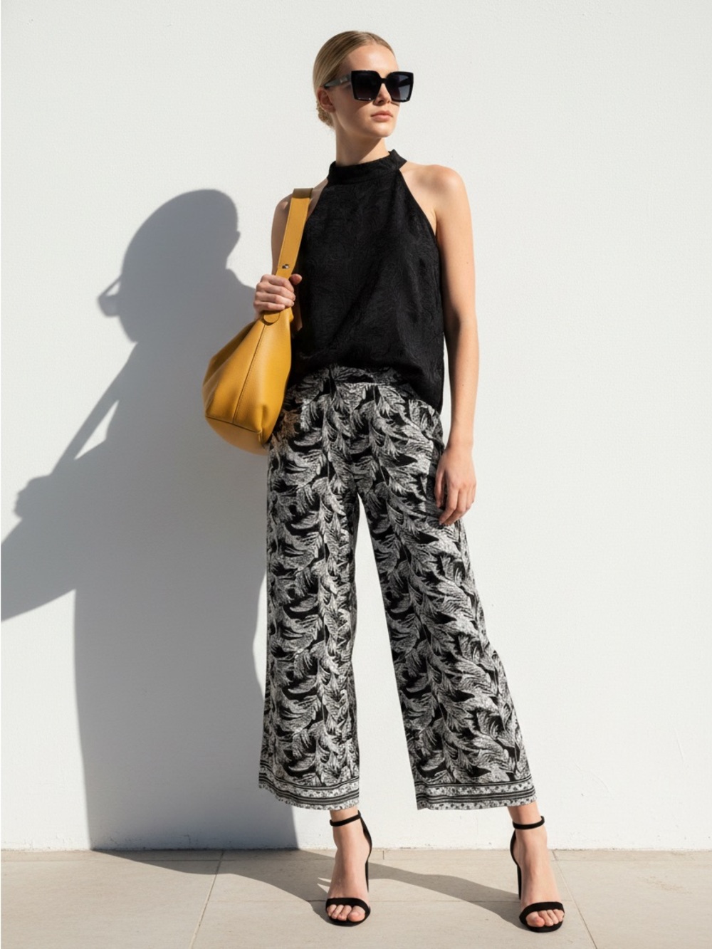 Max Studio Womens 1X Palozzo Wide Leg Pants Black/White Leaf Pull On